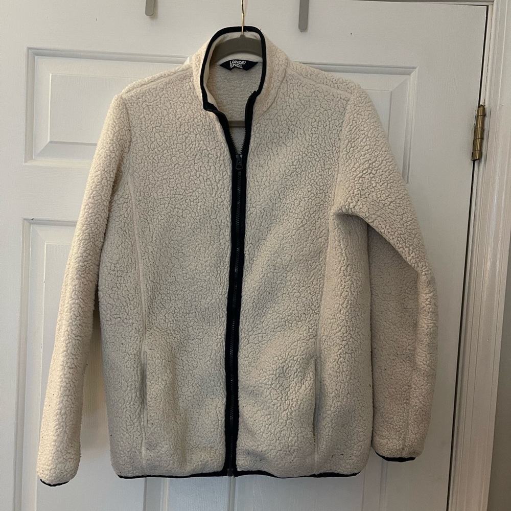 Lands End Cream White Fuzzy Teddy Jacket in Size Medium/Tall